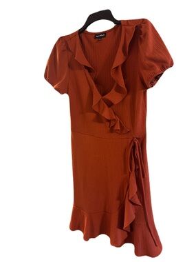 Rust Ruffle Faux Wrap Dress